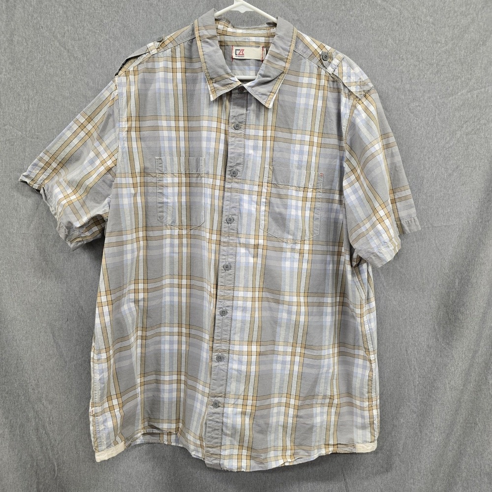 Cutter & Buck Mens Plaid Short Sleeve Button Down Shirt Grey Tan Classic